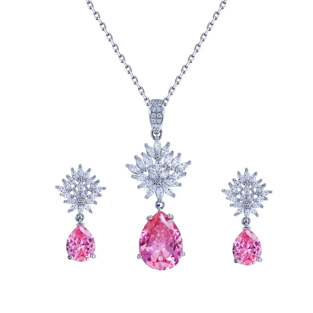 Gorgeous Pear Cut Cubic Zirconia Necklace and Earrings Engagement Pink Pendant Jewelry Set for Women Dairy Wear Accessories