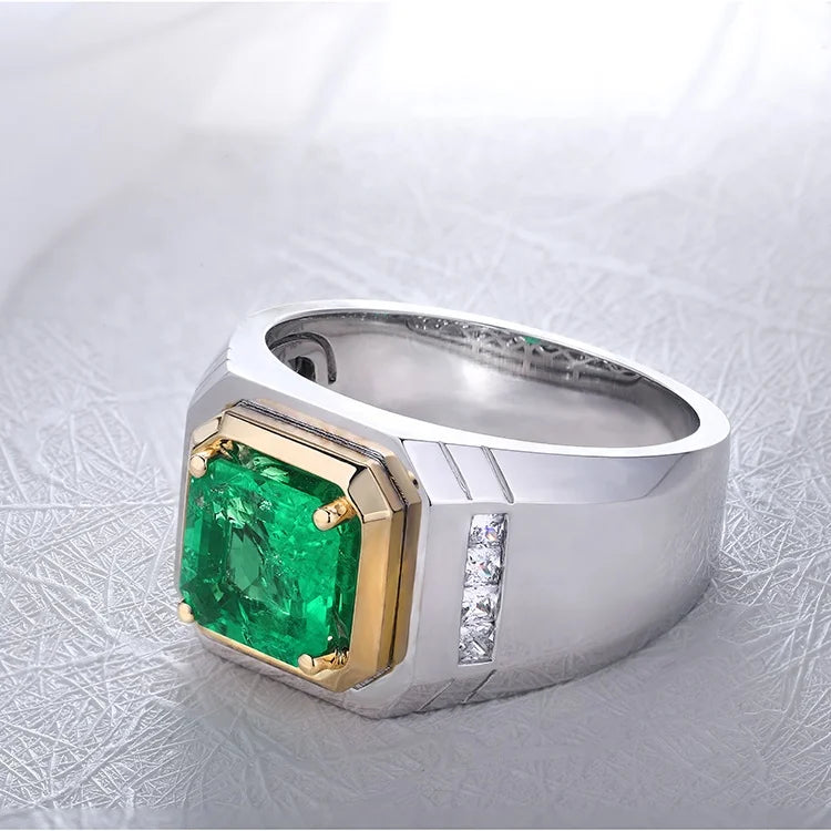 Gemfiori Men's 925 Sterling Men Rings Lab Created Emerald Ring 2CT Carat Diamond Inset Classic Rhodium Plating for Weddings Parties