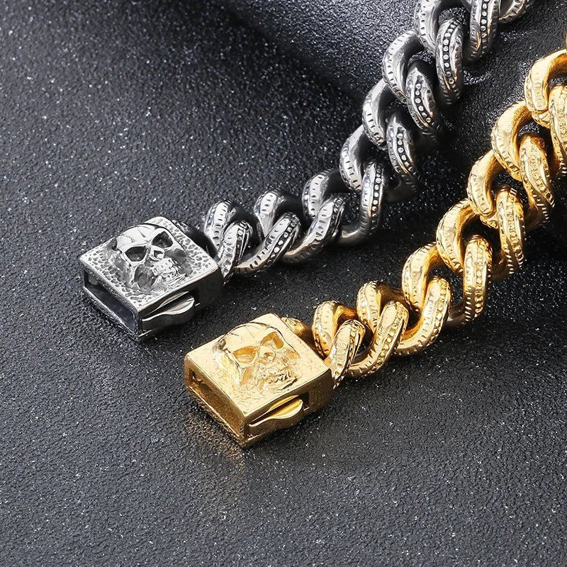 KALEN Punk Fine Jewelry Fashion Bracelets Men Cuban Style Stainless Steel Skull Links Bracelet Bangle