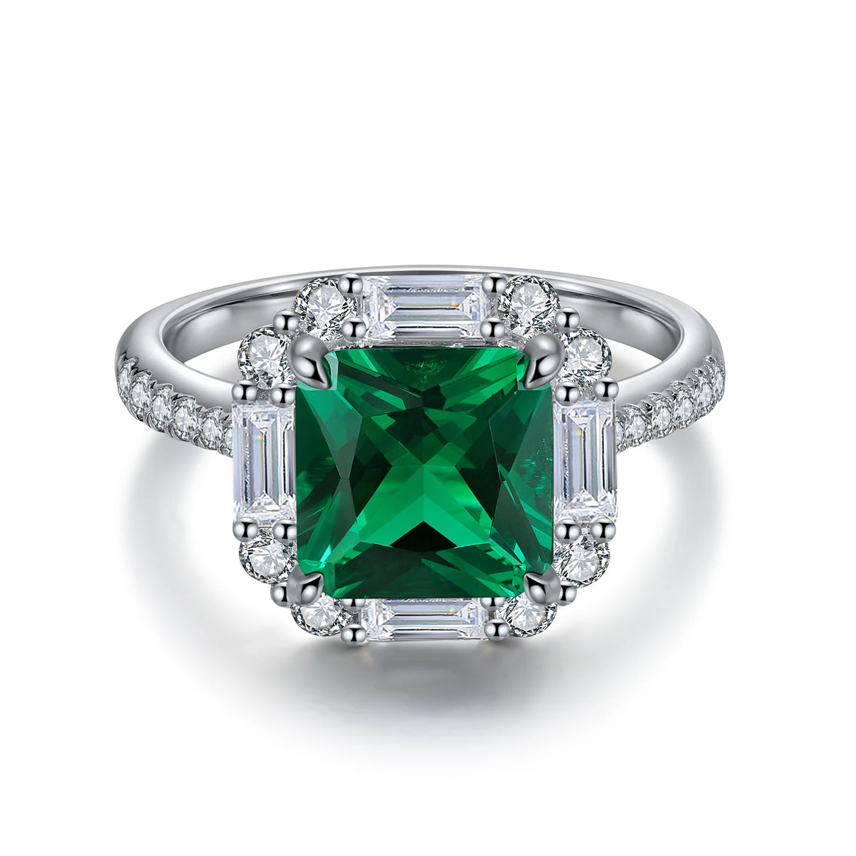 Gemfiori S925 Sterling Silver Ring for Women Colored Ice Flower Cut Asscher Emerald Snowflake Green Zirconia Lab Grown Diamond Ring