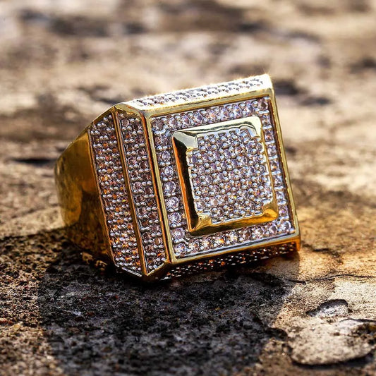 Fashionable Plated with 18K Gold Hip Hop Iced Out Bling Ring Micro-set Zirconium Stone CZ Personality Rings for Men