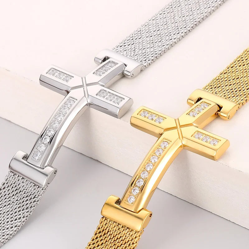 KALEN 230mm Unisex Gold/Silver Color Stainless Steel&Rhinestones Bracelet With Religious Cross Charm