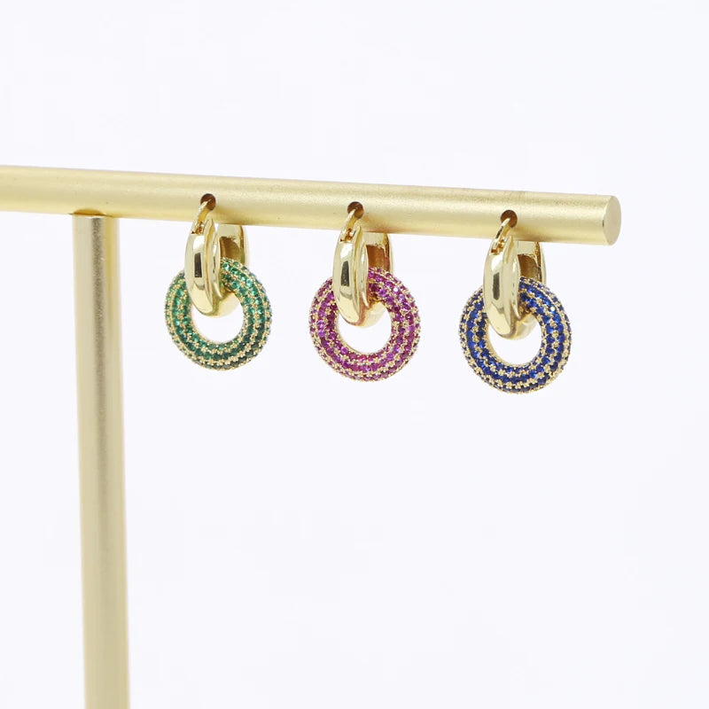 Pink Green Blue Colorful Zirconia Double Circle Huggie Hoop Earring 5A CZ High Quality Bling Fashion Design Women Jewelry