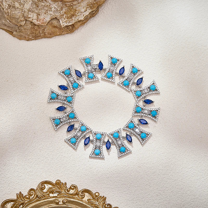 Women Boutique Jeweler Purchases Turquoise Blue Necklace Earrings Anti-oxidation Ring Bracelet Suitable for Banquet 4-piece Set