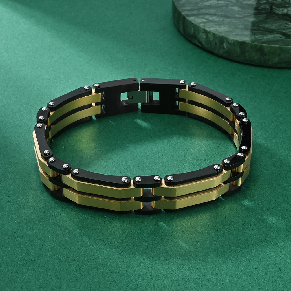 REBEL Alin Western Style Interlinked Rectangular Links Jewelry Stainless Steel Bracelet for Men Unisex
