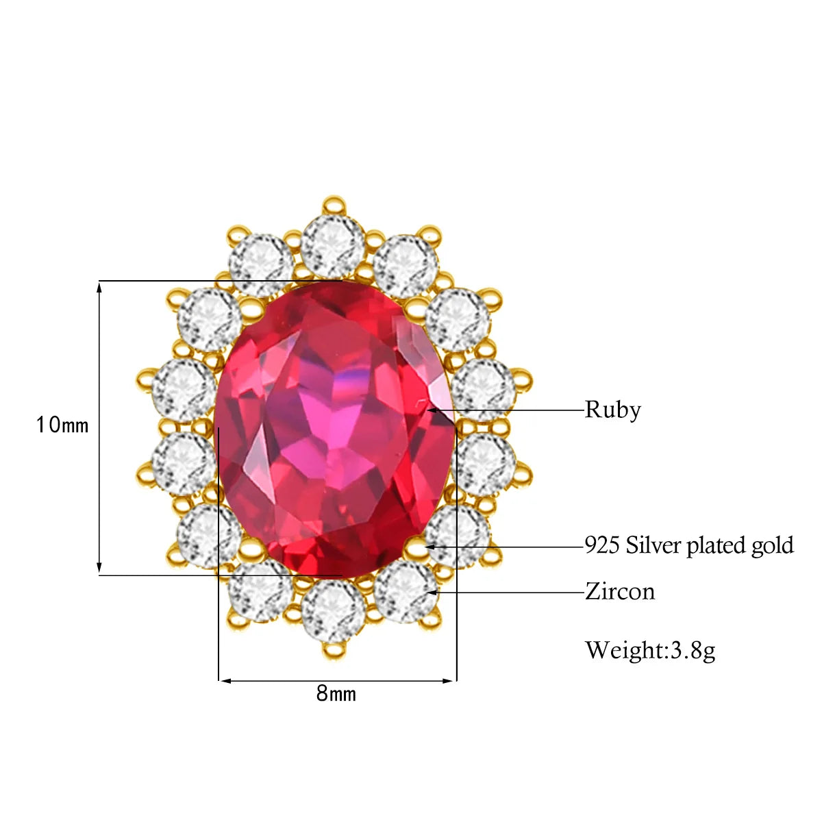 ArtistA Custom Jewelry Any Ruby Gemstone Women 925 Sterling Silver 24k Gold Plated Rings and Earrings Jewelry Sets