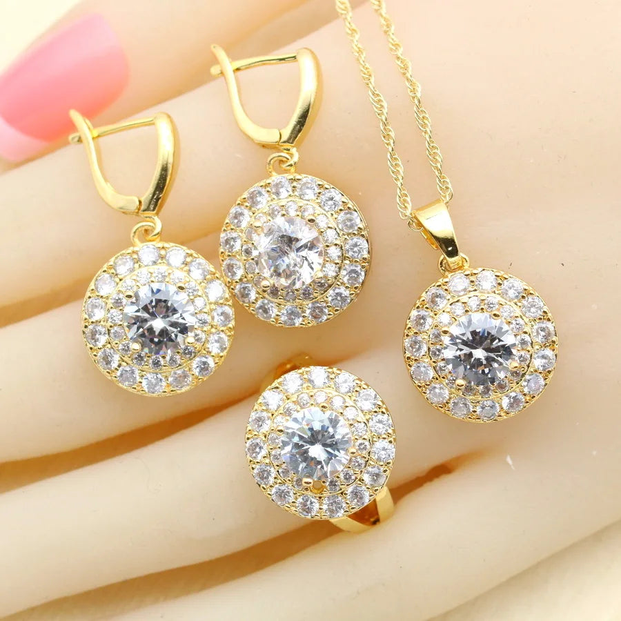 XOTICA White Zirconia 18K Gold Plated Alloy Sets for Women Earrings Necklace Pendant Ring Bracelet Wedding Engagement Party Gift