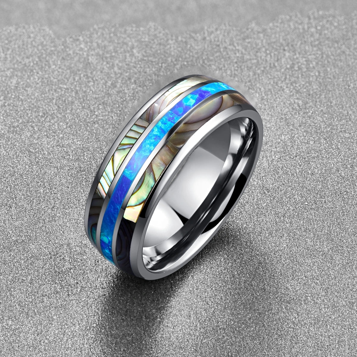 REBEL Tungsten Steel Ring with Abalone Shell Opal Inlay | Natural Opal Wedding Band
