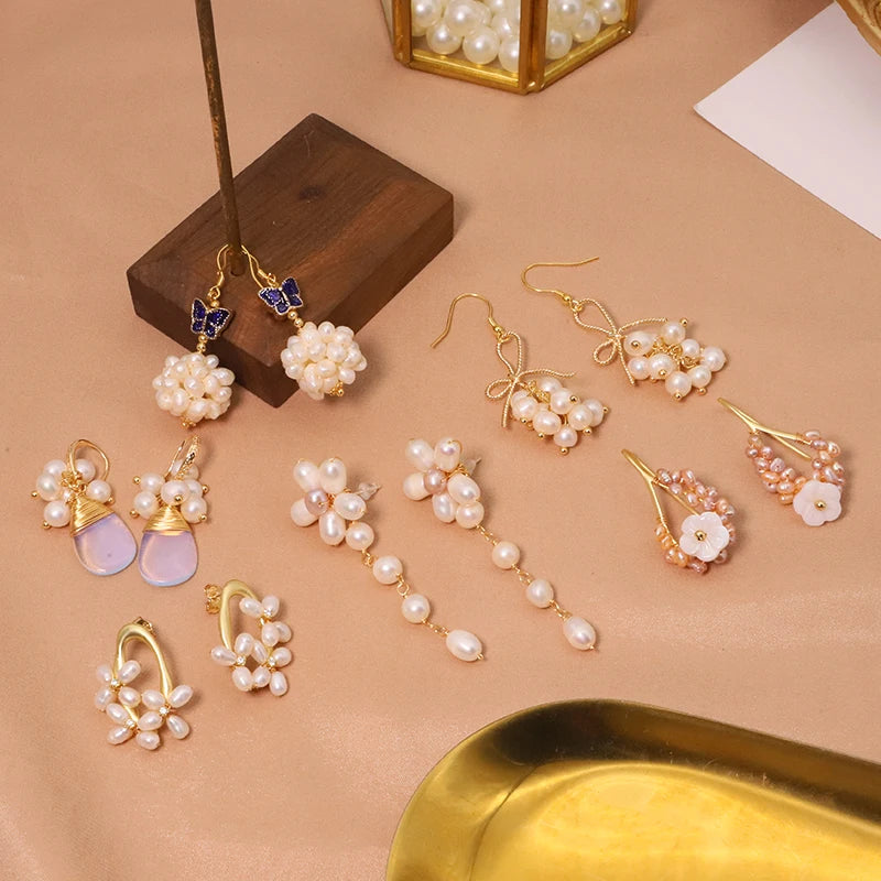 New Jewelry Natural Pearl Drop Earrings 18K Gold Plated Jewelry Korean Designer Jewelry Flower Earrings for Women Wholesale Bulk