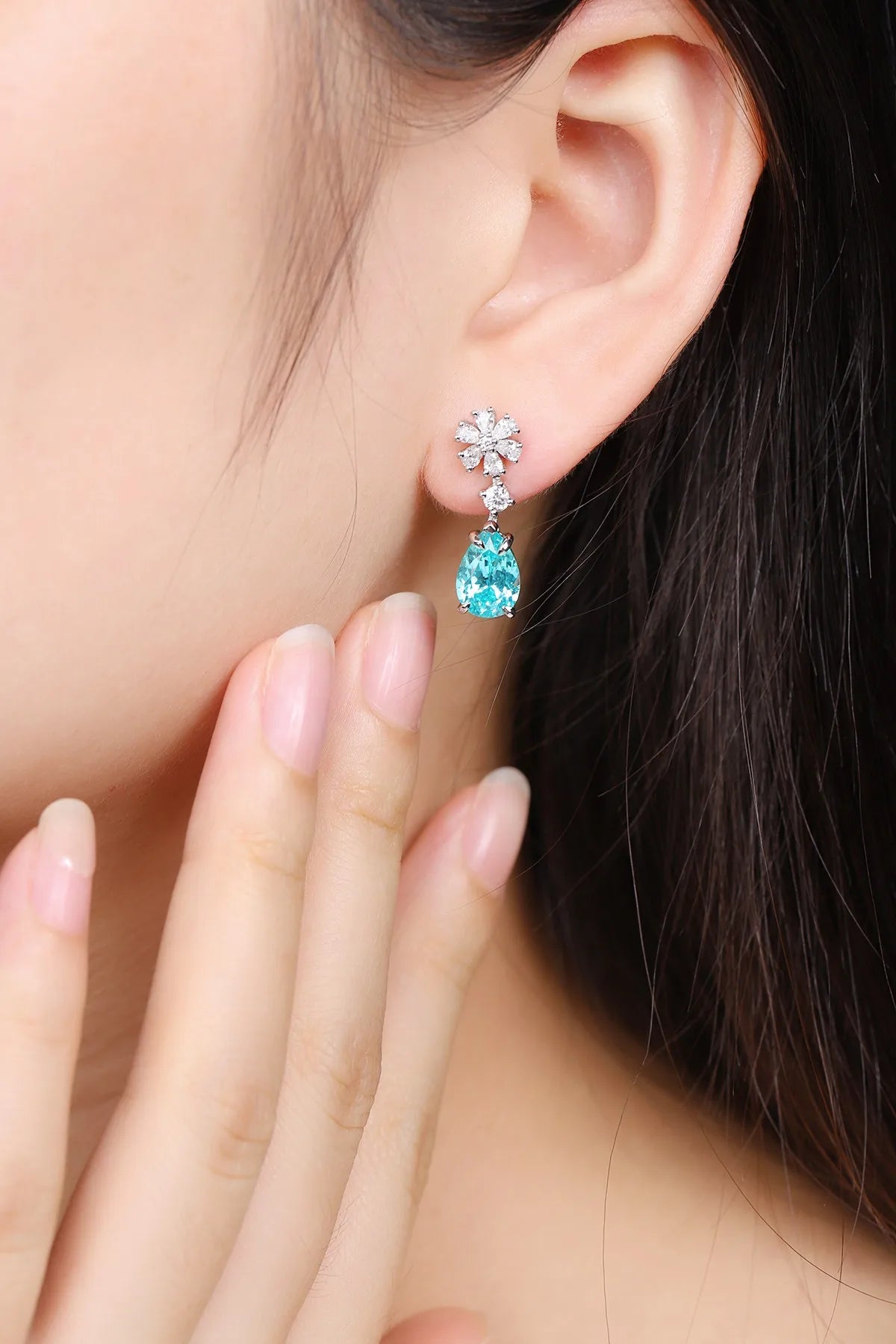 Gemfiori Anster Fine Jewelry Silver 925 White Simulated Zircon Pear Cutting 6 Ct Lab Grown Paraiba Stud Earrings for Gift