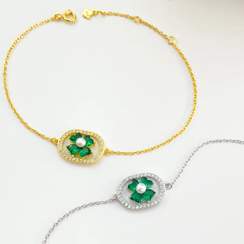 ArtistA Yinshiqi 925 Silver Jewelry Set for Women 18K Gold Plated Flower Green Zircon Hoop Earrings Necklace Bracelet Parties Weddings