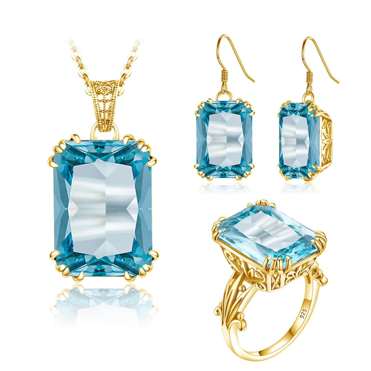 ArtistA Emerald Gemstone Vintage Engagement Wedding 925 Sterling Silver 18K Gold Plated Jewelry Set with Ring Earrings Pendant for Women