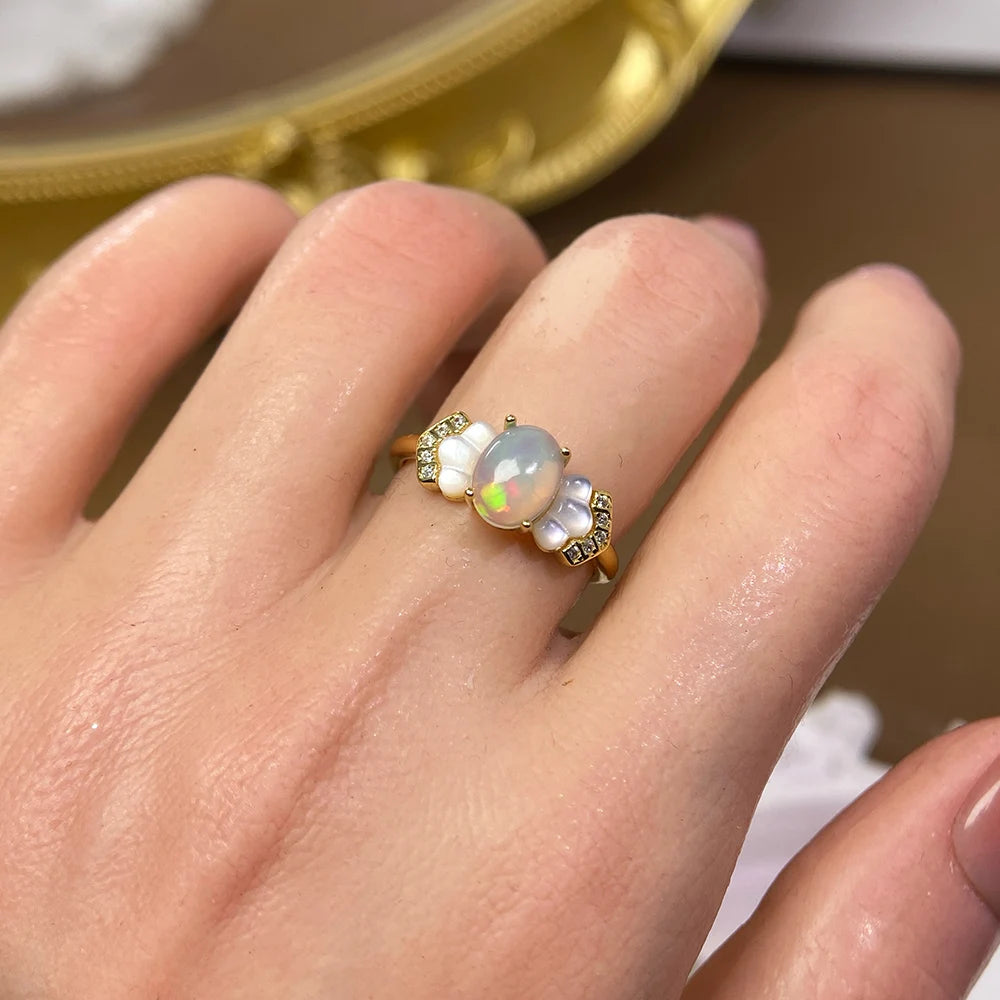 Gioiellieri Factory Women's 925 Silver Gold Rhodium Plated Luxury Natural Opal Prong Setting Ring Pendant Jewelry Set Fine
