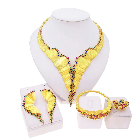 High End Luxury 18K Gold Plated Hyperbolic Africa Style Colorful Cubic Zirconia Full Paved 4 Pieces Jewelry Set