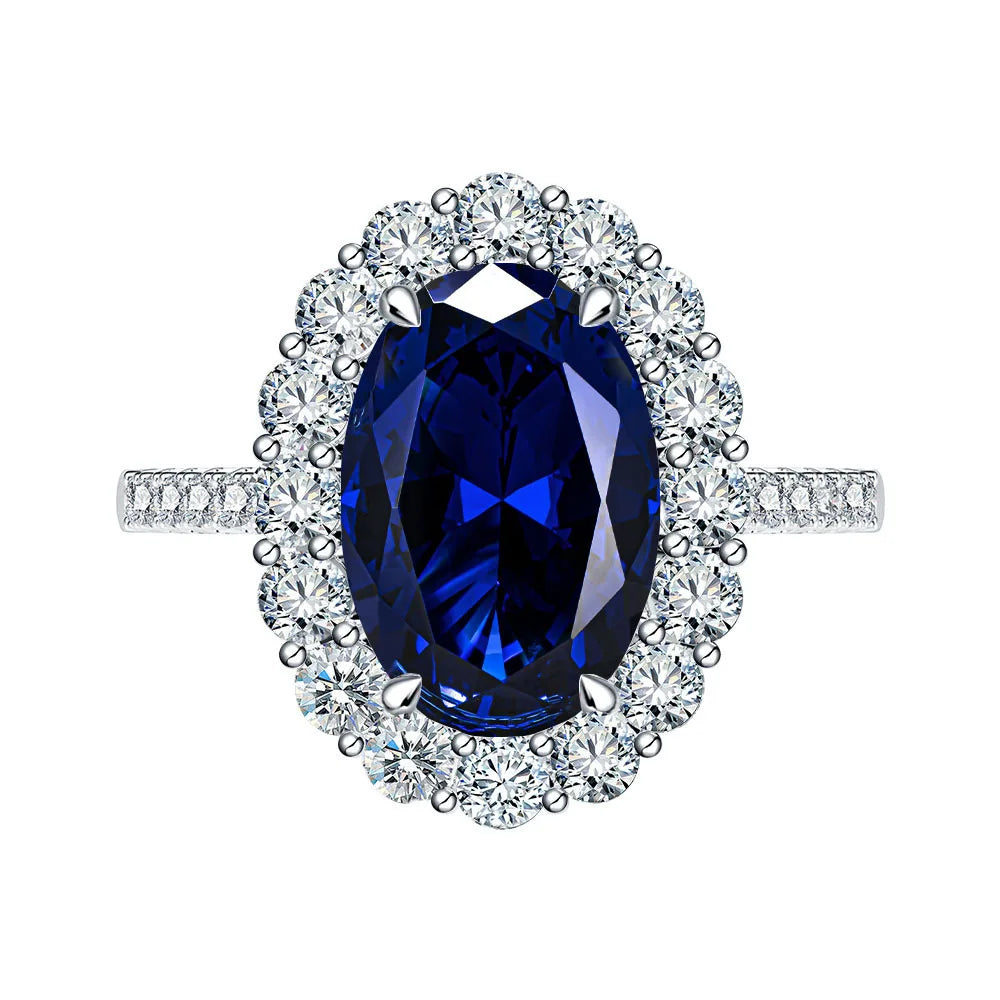 MuShan Jewelry Factory 4.4 Carat European and American Classic Artificial Sapphire 8 * 12 Oval 925 Sterling Silver Ring