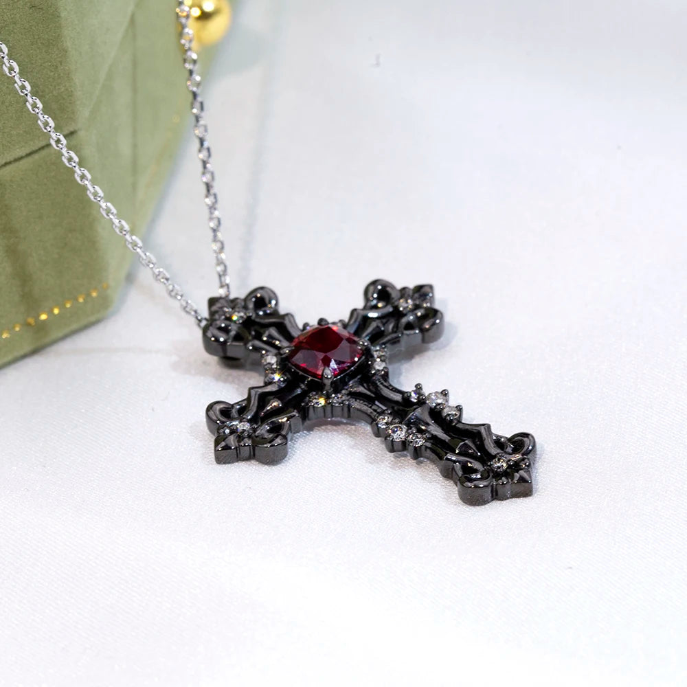 Custom Fine Jewelry MSN-896 925 Silver Cross Necklace Chain 5x5mm Cushion Shape Ruby Lab Grown Gemstone Necklace