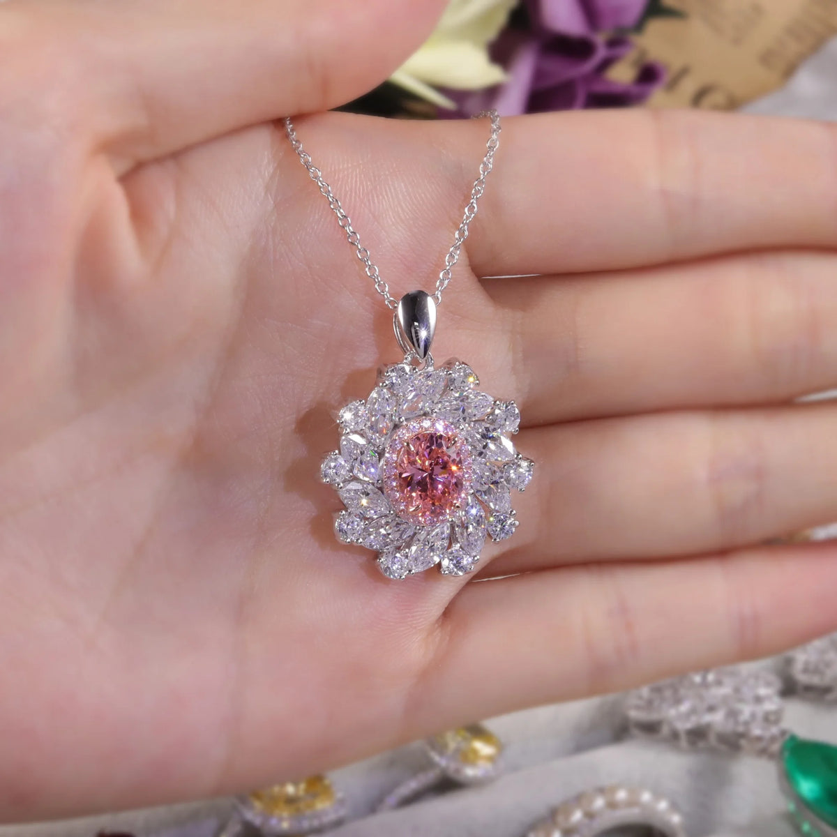 ArtistA AR338 Abiding Sumptuous Cluster Diamond-fire Padparadscha CZ 925 Silver Iced Out Pink Cz Halo Flower Pendant Charms Ring Set