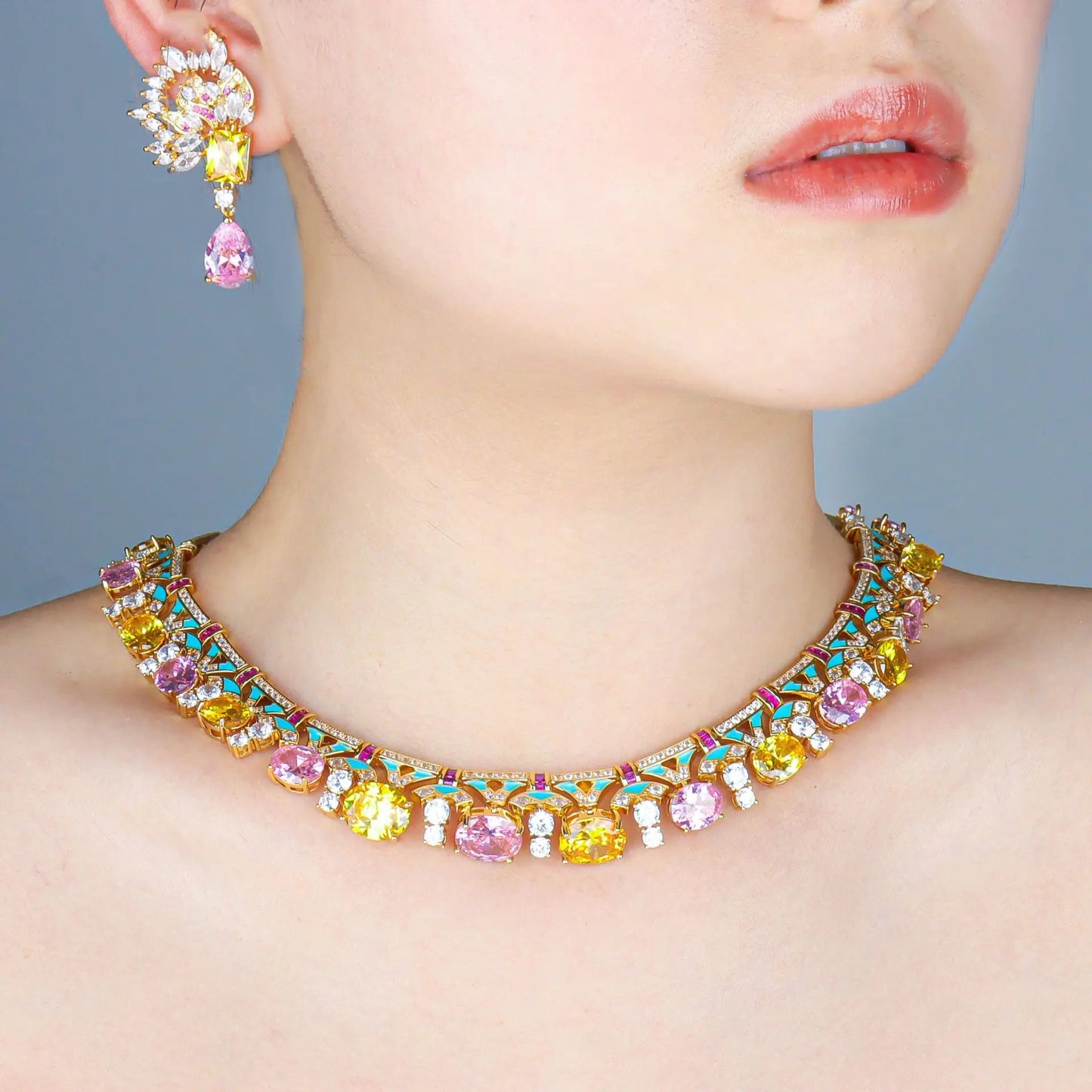 Luxury Flower Zirconia Choker Necklace & Earrings Set — Purple & Yellow
