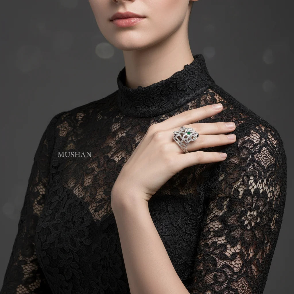 MuShan Jewelry Factory Leopard Head 925 Sterling Silver Rings Bands Women Hollow Design High Carbon Diamond HCD Gemstones Ring