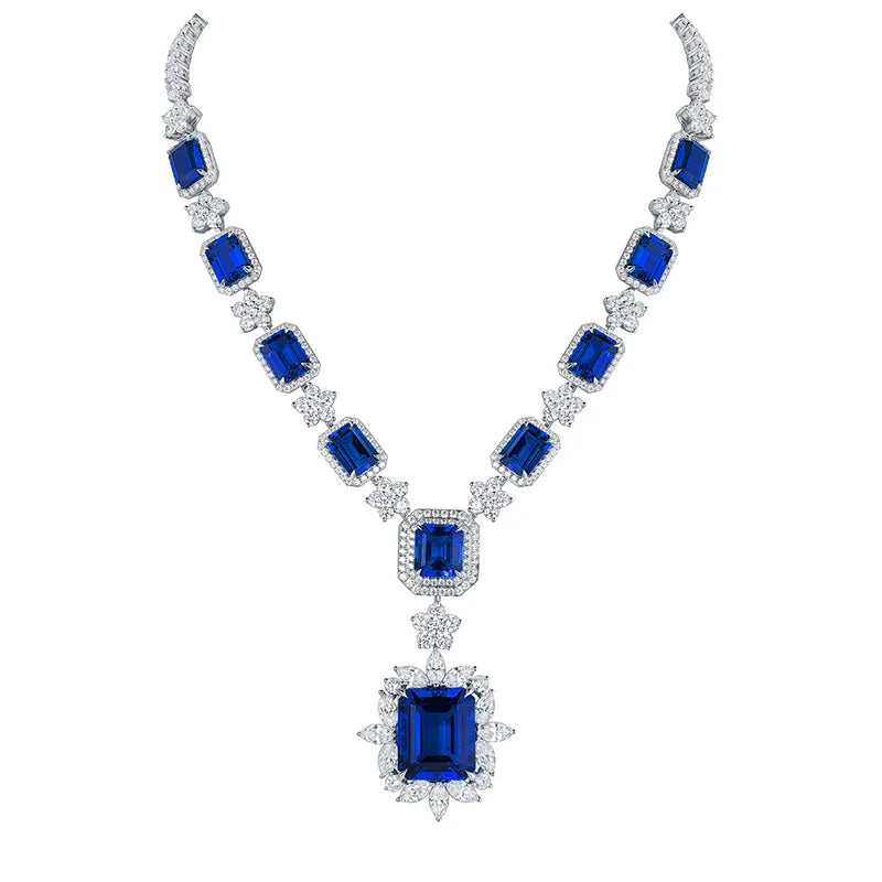 S&S Lab-Grown Gemstone Geometric Statement Necklace – Emerald & Paraiba – 925 Silver – Collection