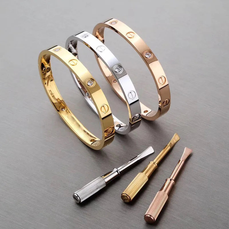 S&S Fashion Zircon Brand Screwdriver Screw Love 316L Stainless Steel 18K Gold Plated Bangle Bracelets for Women and Men