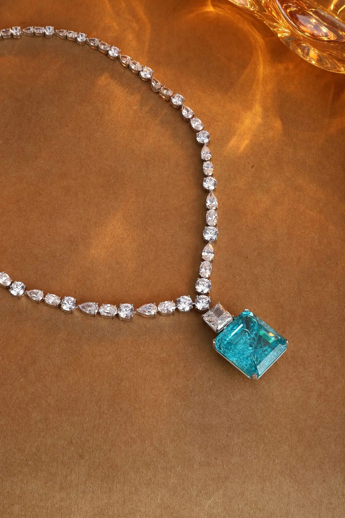 Gemfiori Anster Paraiaba Mian Stone Emerald Cutting Silver Necklace Attractive Length 87.36 Ct Customizable Style Women's Necklace