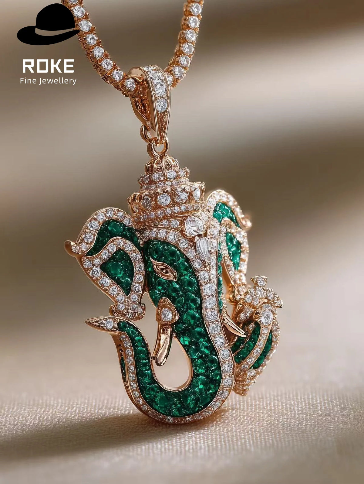 Gemfiori Luxury Ganesha Pendant 9K-18K Gold W/ Tsavorite & Lab Diamonds - IGI Certified Cultural Jewelry