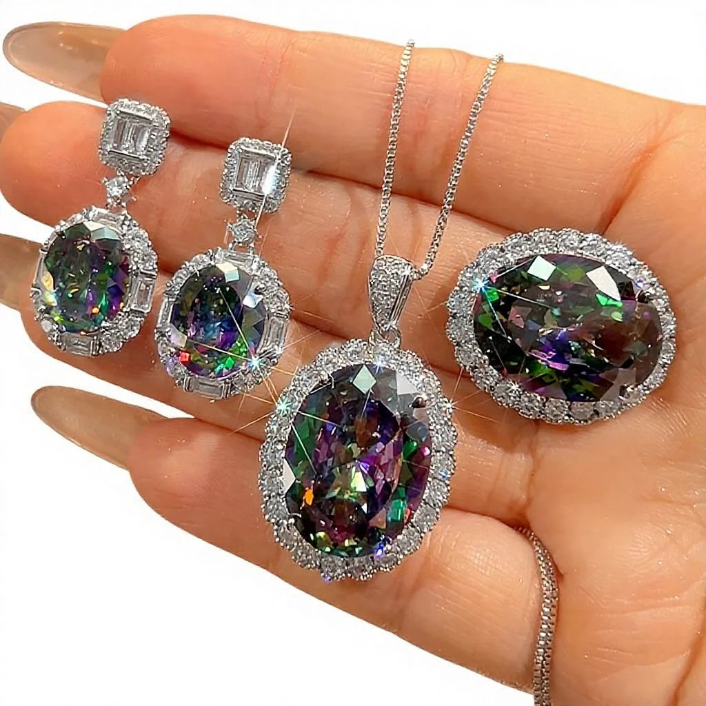 S&S Oval Cut CZ Vintage Jewellery Set – Pendant, Ring & Earrings – Gold Plated – Collection