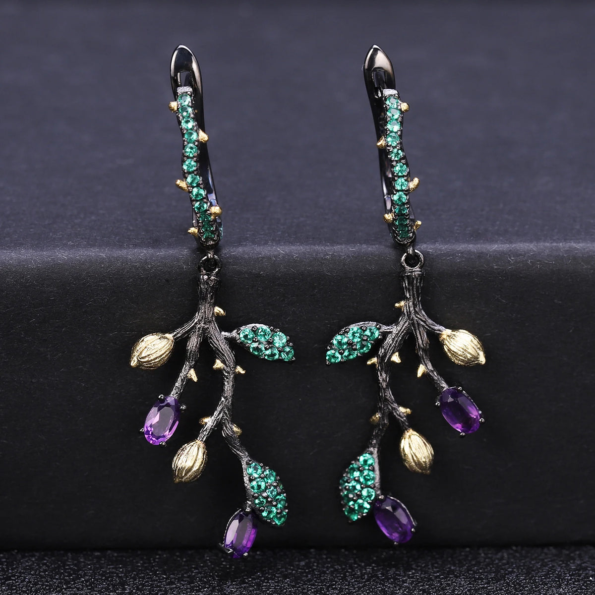 ArtistA Forest Ball Theme Sterling Silver 925 Natural Amethyst Two Finger Ring & Earrings Jewelry Set Floral Branch Design