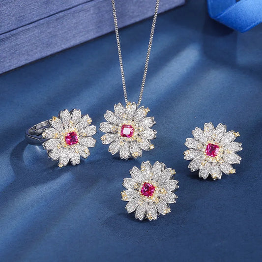 Gemfiori Retro French Luxury Niche Red Zircon Pendant Sweet Cool Geometric Fashionable and Exquisite Set