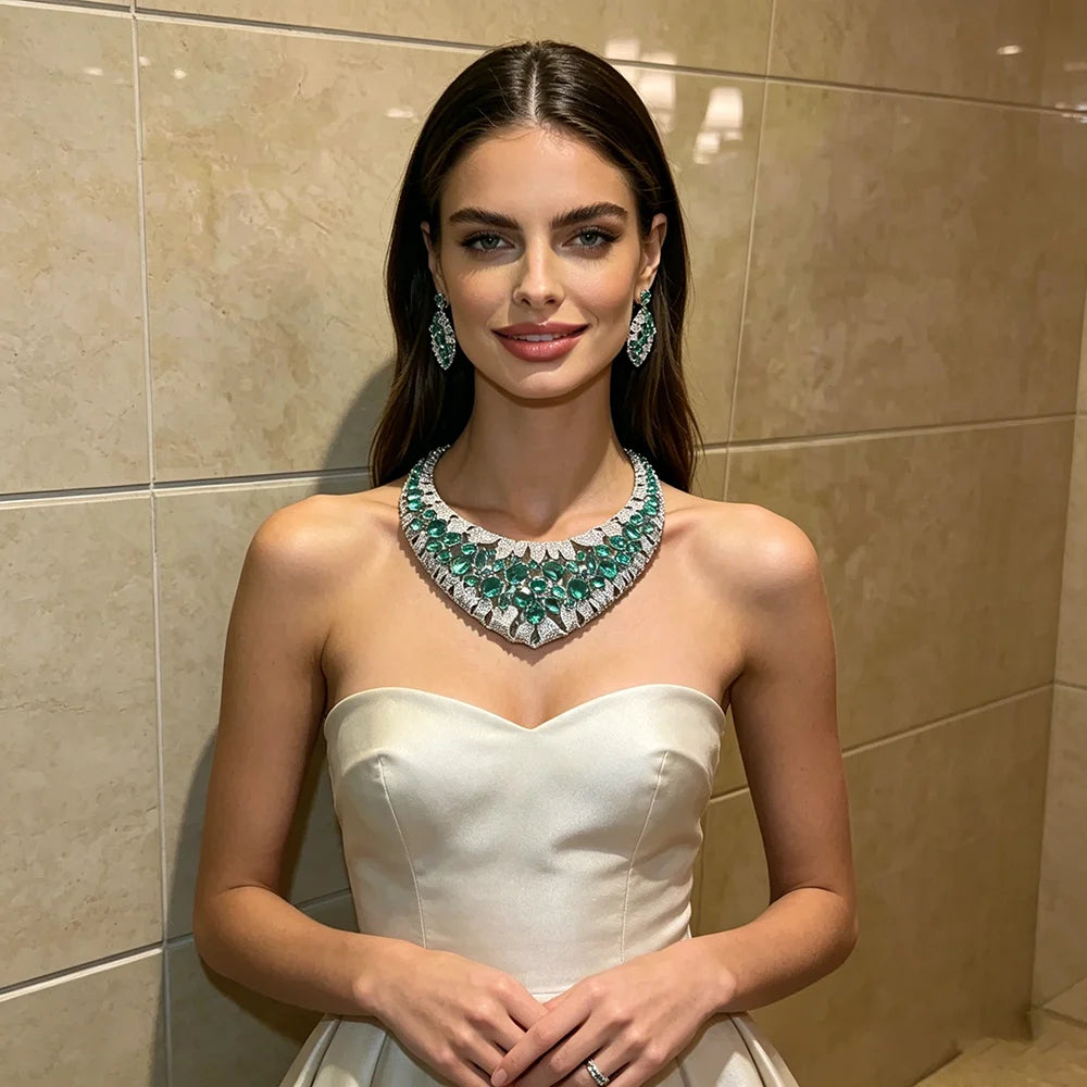 XM S298 Copper Silver Plated Natural Stone Statement Necklace and Earrings Jewelry Set for Women Wedding Gift