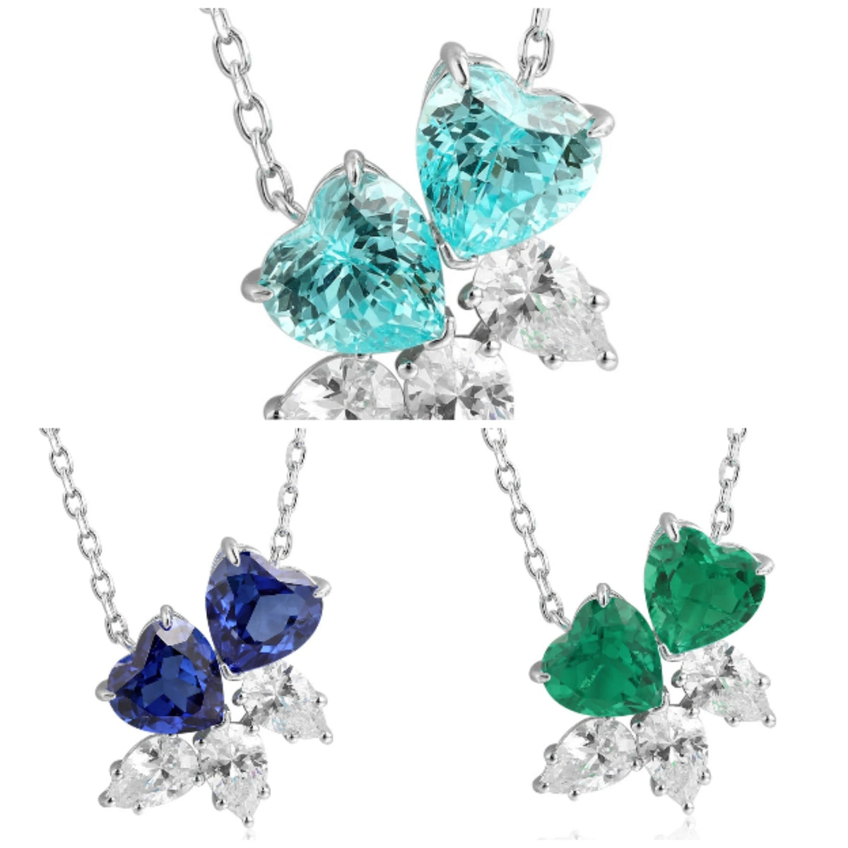 Gemfiori Anster Lab Grown Paraiba Emerald Sapphire Pendant Necklaces Double Heart Shape Chain for Women 925 Sterling Silver Necklaces