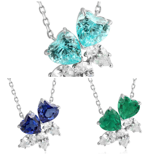 Gemfiori Anster Lab Grown Paraiba Emerald Sapphire Pendant Necklaces Double Heart Shape Chain for Women 925 Sterling Silver Necklaces