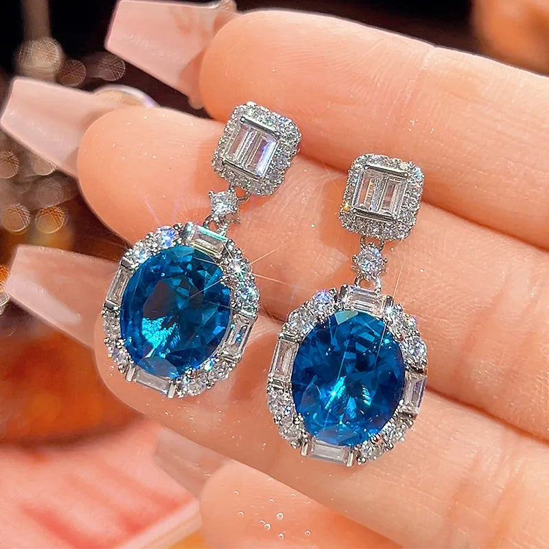 Gemfiori New European and American Luxury Set with Inlaid Blue Zircon Ring Earring Pendant High-end and Exquisite Three Piece Jewelry Set