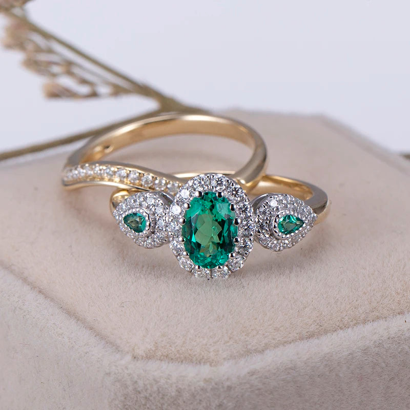 Messi Jewelry  MSR-1048 9K Yellow Gold PT950 Oval Lab Emerald Ring Set Stackable Rings