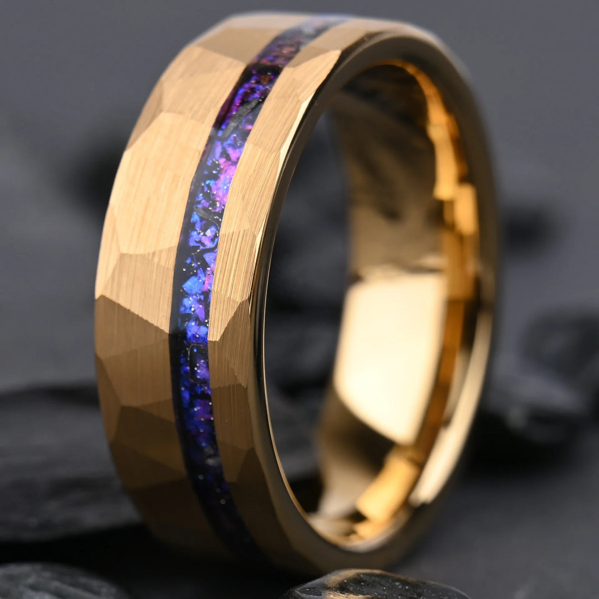 OAHLAN 8mm Hammered 18K Gold Plated Tungsten Carbide Ring Galaxy Blue Purple Opal Inlay Womens Mens Wedding Band Fashion Jewelry