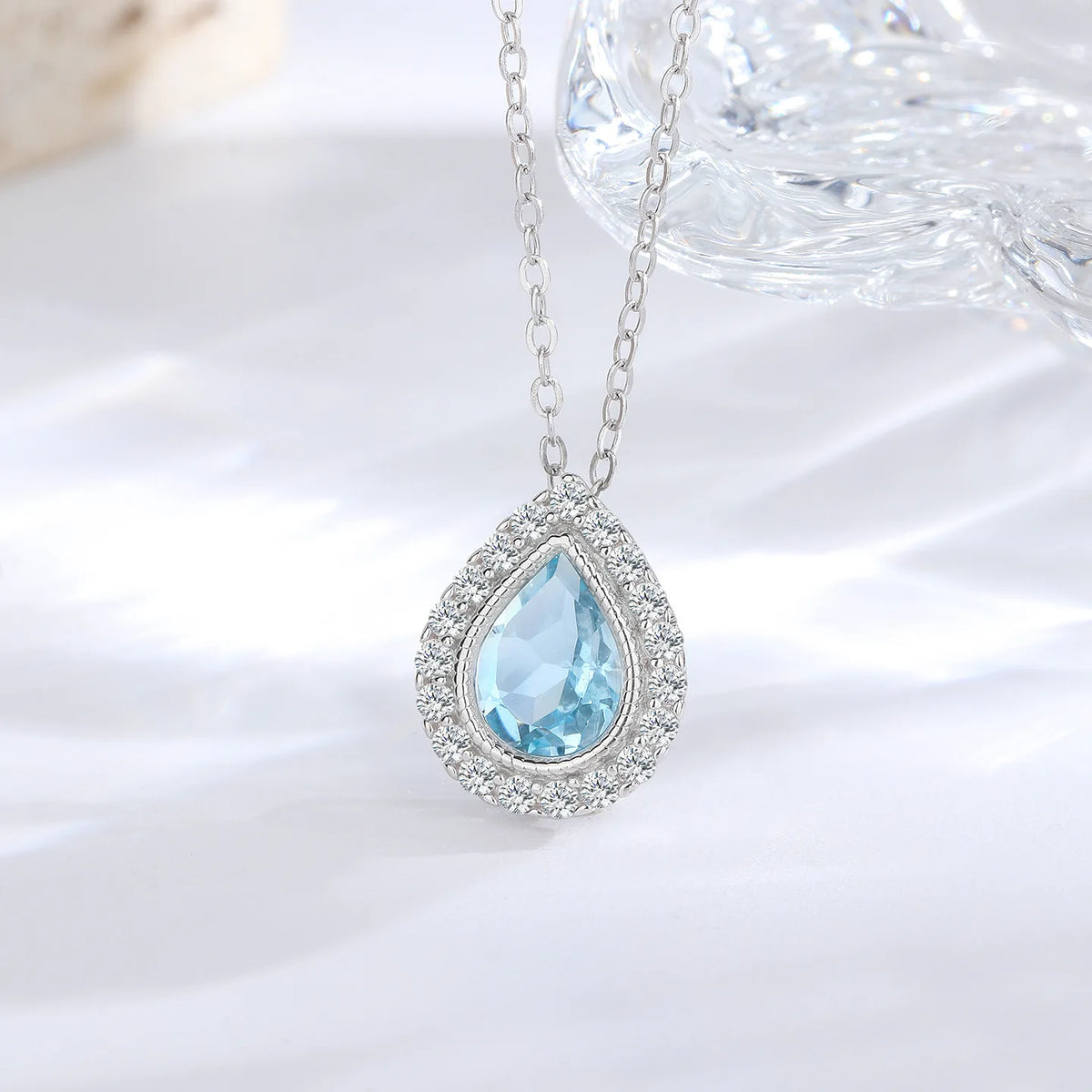 S925 Sterling Silver Blue Teardrop Pendant Necklace Women Niche Designer Piece Blue Topaz Cross Chain Trendy Elegant Perfect