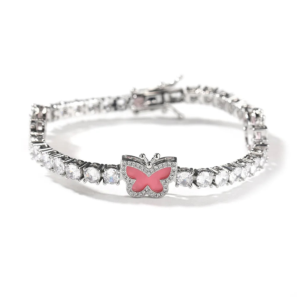 S&S Fashion 4mm Gold Plated Brass Cubic Zirconia Diamond Colorful Butterfly Punk Tennis Bracelet Chain
