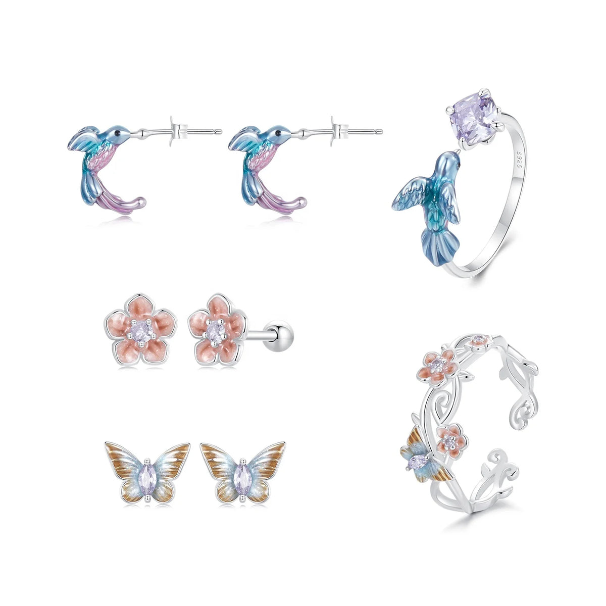 S&S 925 Silver Nature Earring & Ring Set – Butterfly, Cherry Blossom & Kingfisher – Platinum Plated – Collection