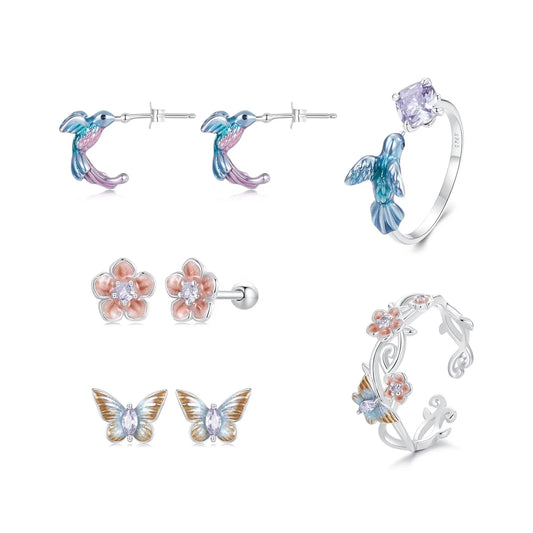S&S 925 Silver Nature Earring & Ring Set – Butterfly, Cherry Blossom & Kingfisher – Platinum Plated – Collection