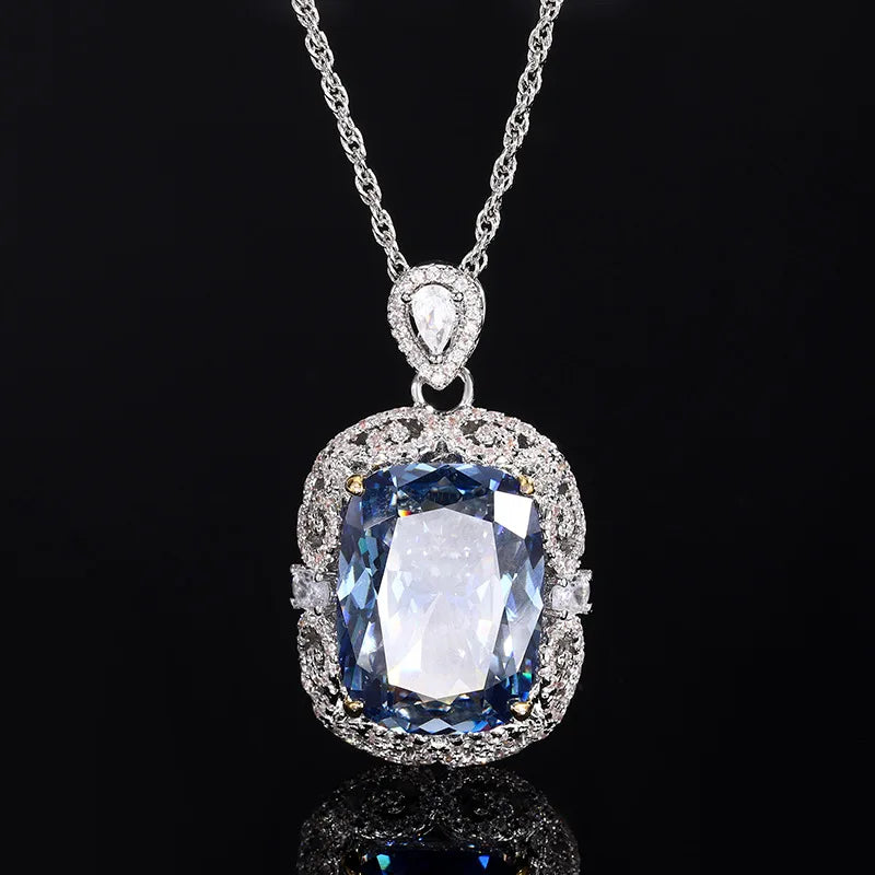 Gemfiori Retro Trendy Sea Blue Zircon Pendant Necklace Ring Design Jewelry Set for Women's Wedding/Anniversary