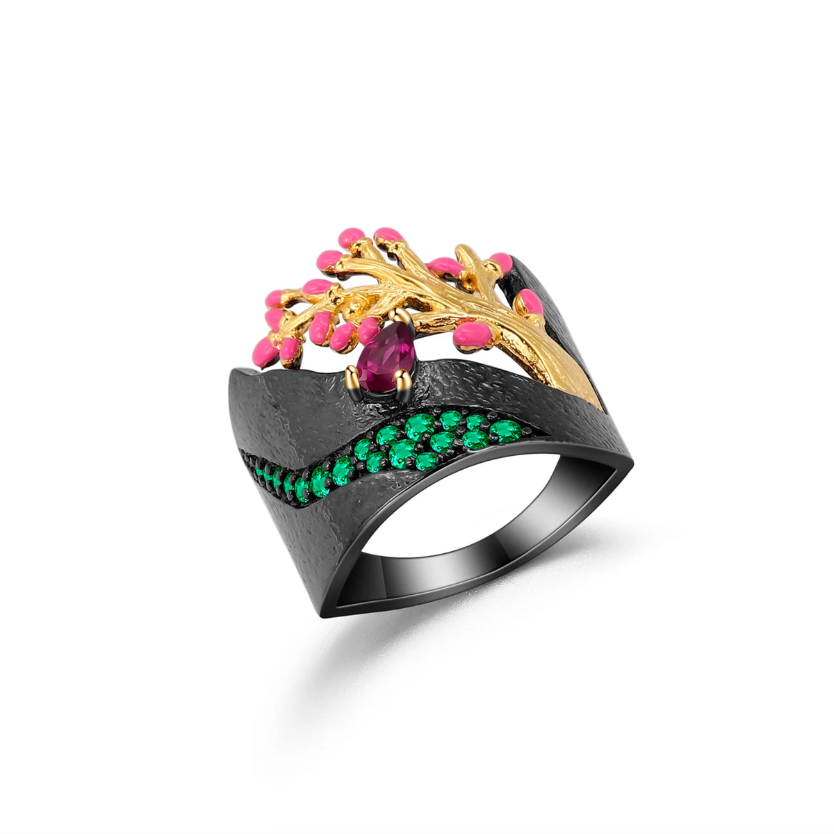 ArtistA C7920 Abiding Custom Enamel Peach Tree Flower Bud 925 Silver Rings with Natural Rhodolite Garnet Gemstone