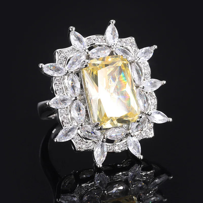 Gemfiori Fashionable Temperament Yellow Zircon Necklace Simple and Versatile Princess Candy Earrings Open Ring Set