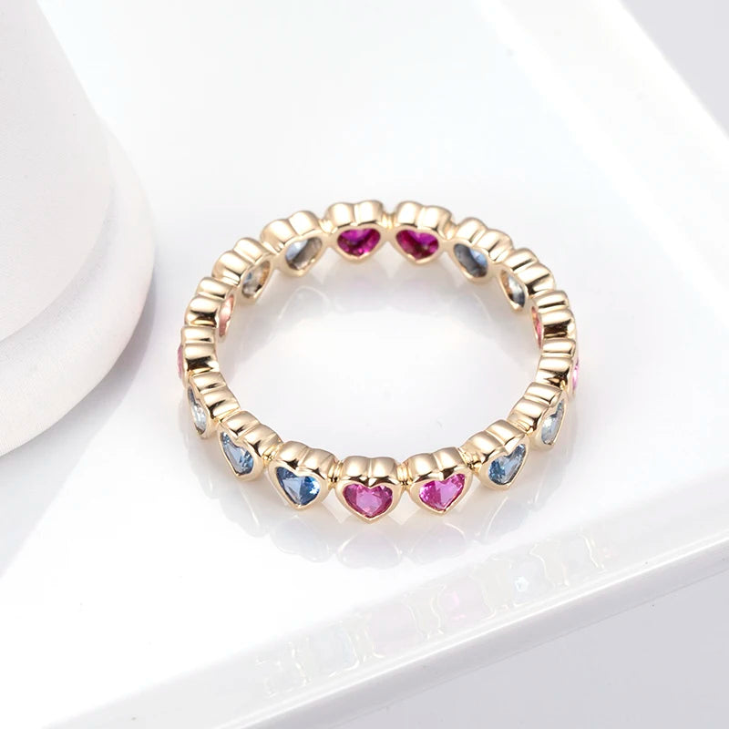 Rainbow Trendy Ring Heart Cut 9k Yellow Gold Corundum Ring for Women Lab Grown Emerald