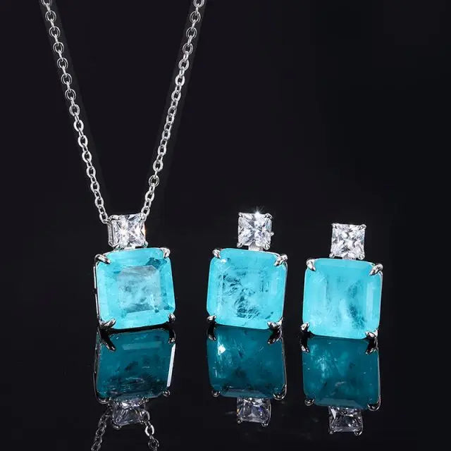 S&S Paraiba Blue Zircon 925 Silver Jewellery Set | Pendant Necklace & Earrings | S&S Collection