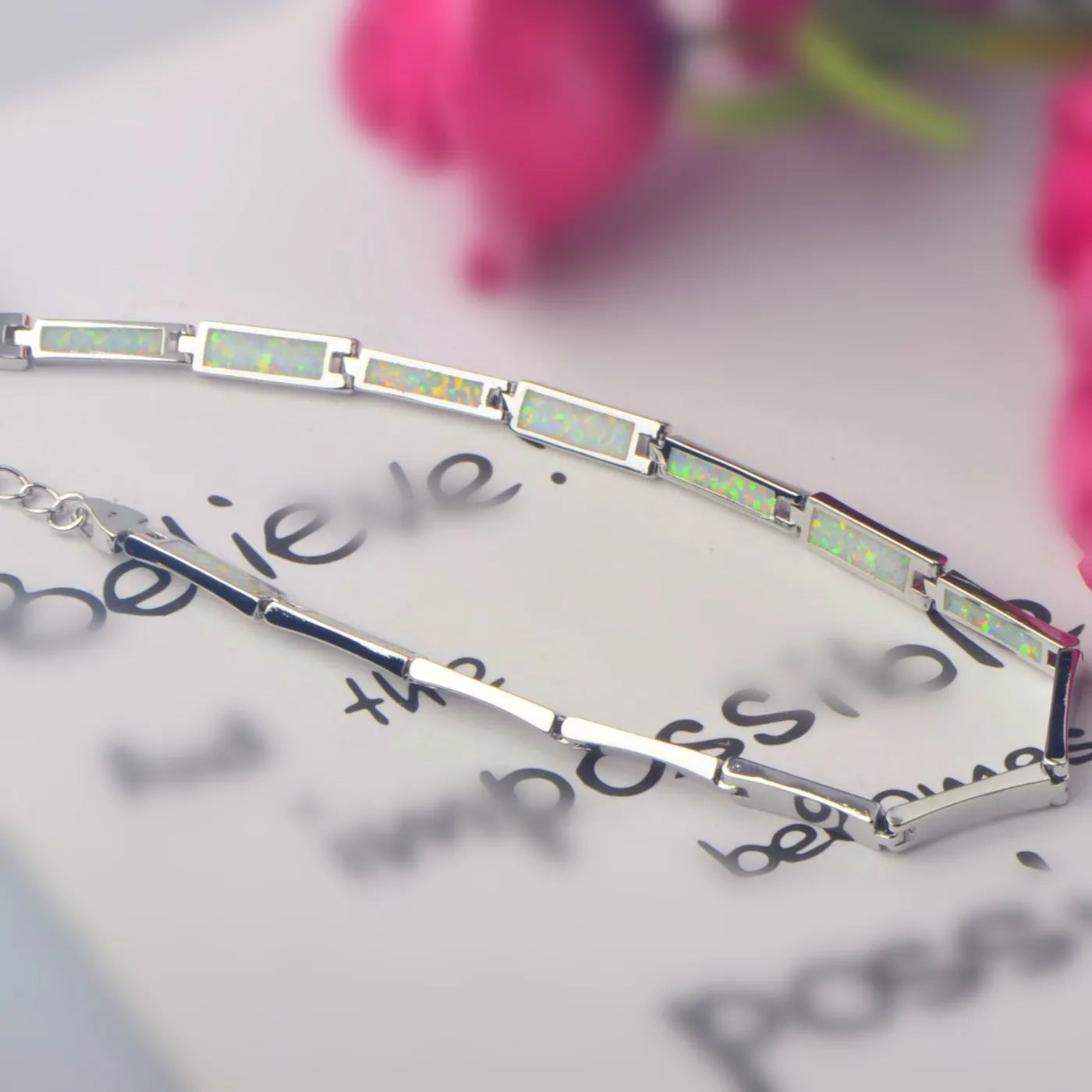 Fashion Trendy Silver Plated Brass Christian Opal Inlaid Minimalist Geometric Design Women's Anniversary Chain Link Bracelet