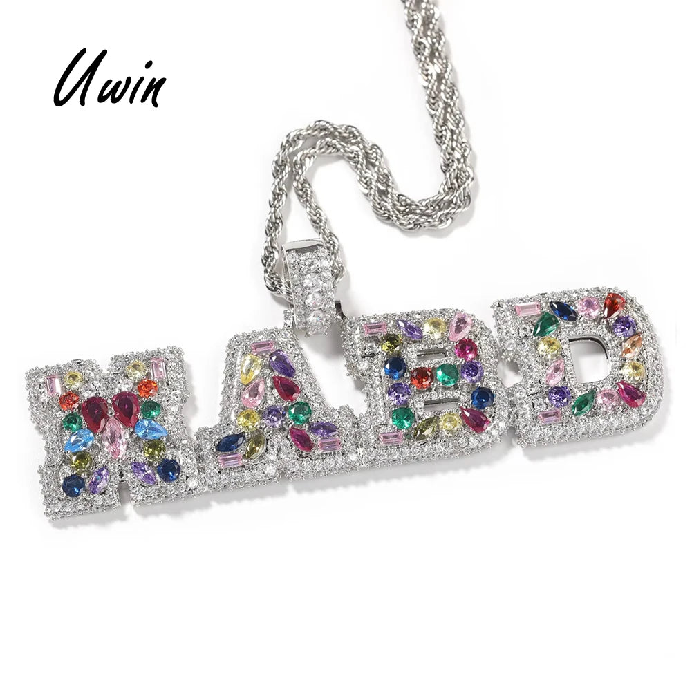 BiG-BOSS Uwin Mix Setting Name Pendant Multi Color CZ Initial Pendant Vertical Letter Pendant Hip Hop Personalized Jewelry