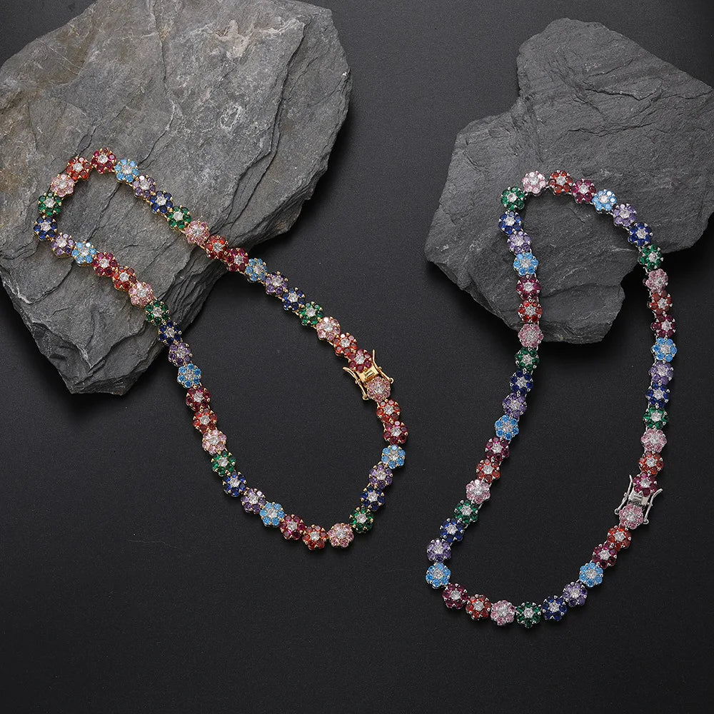 Fashion Colorful Flower Charm Zircon Rainbow Tennis Necklace  for Women Luxury Bling Jewelry Gemstone Necklace