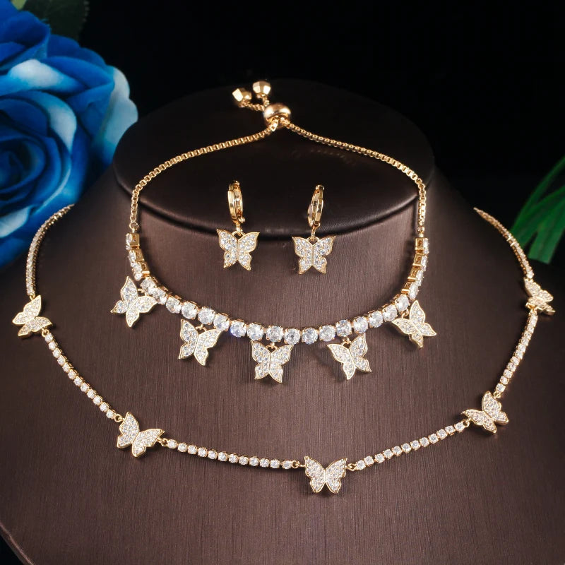 3 Piece Bright Cubic Zircon Crystal Silver Color Lovely Butterfly Ladies Jewelry Bridal Choker Necklace Earrings Bracelet Sets