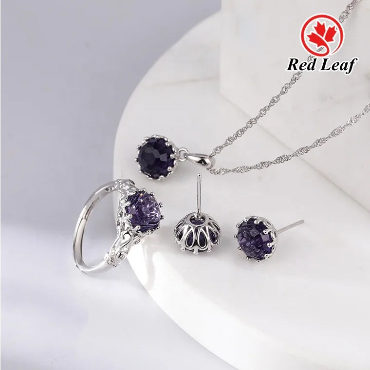 S&S 5A CZ 925 Silver Jewellery Set | Round Cut Stud Earrings & Pendant Necklace | Red, Blue & Purple | S&S Collection